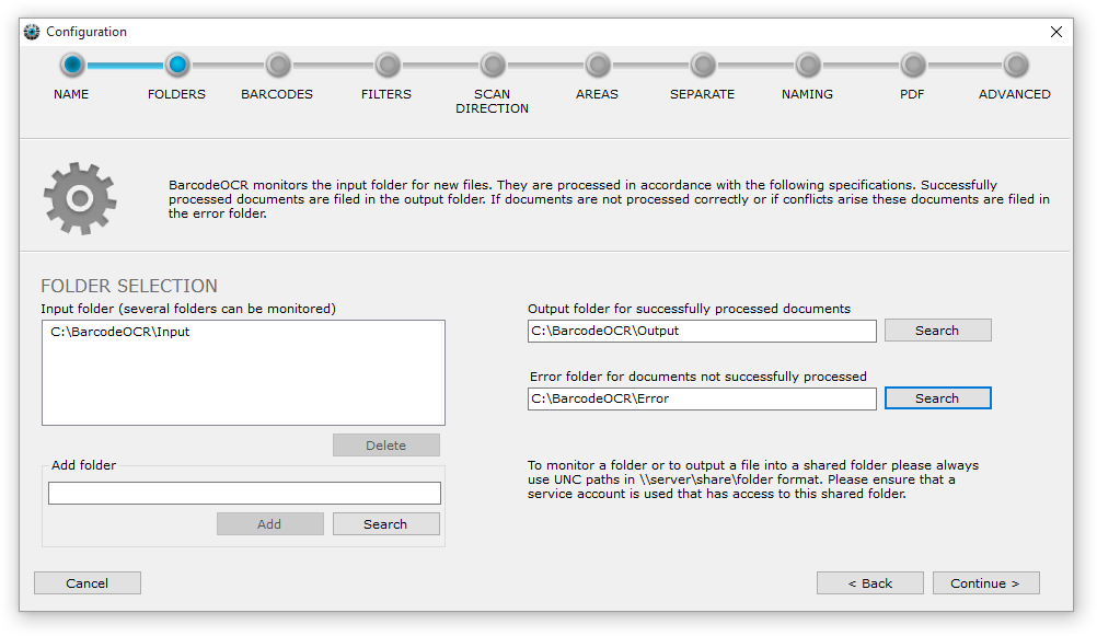 Folder selection step in the configuration wizard