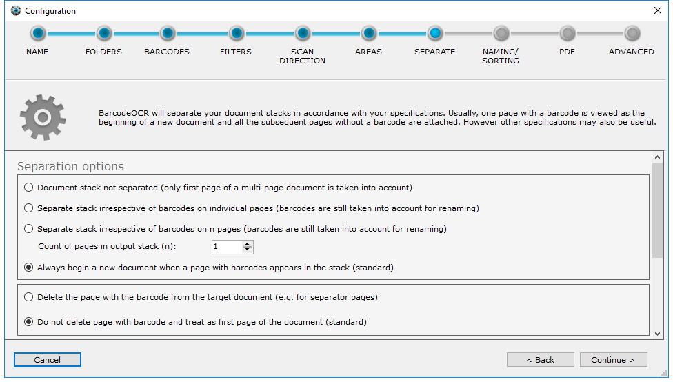 Split options step in the configuration wizard